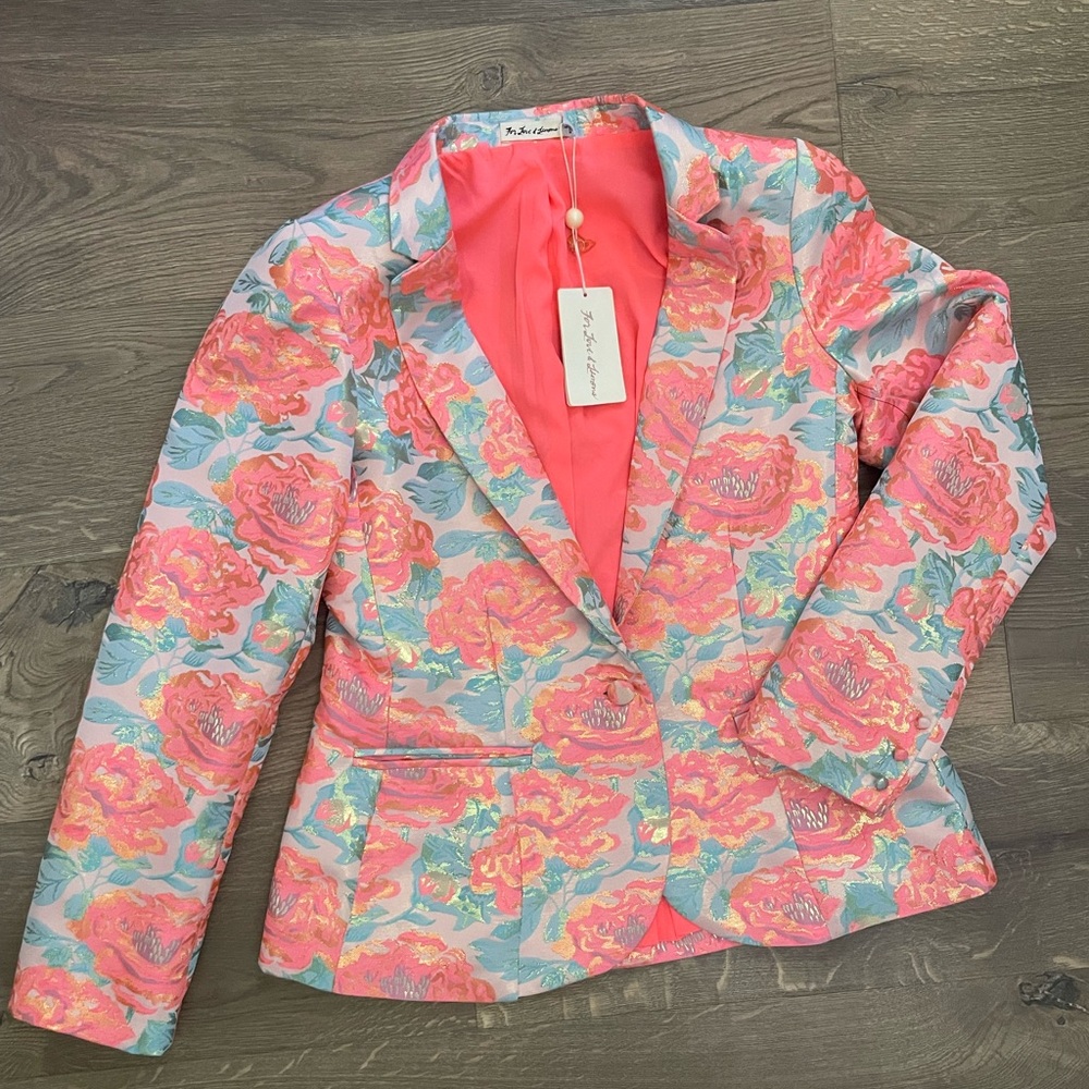 For Love & Lemons Gold Metallic Floral Brocade Blazer Suit Jacket Jackpot